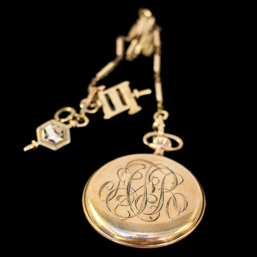 Gold Filled Elgin Pocket Watch with Fob and 14K and 10K Charms