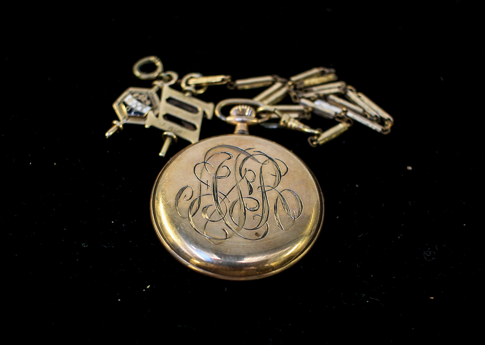 Gold Filled Elgin Pocket Watch with Fob and 14K and 10K Charms