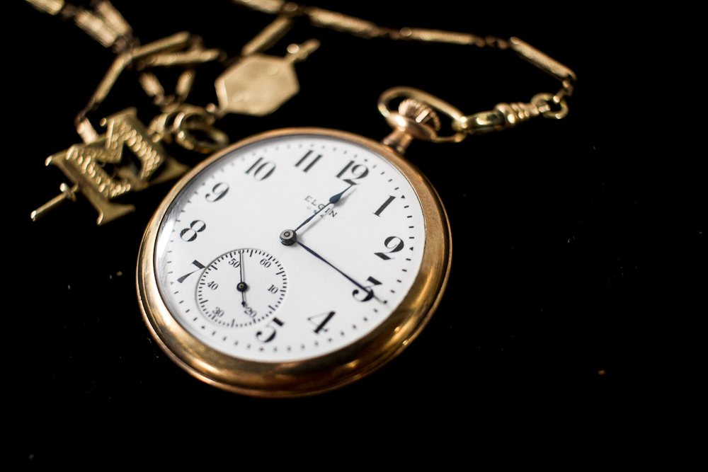 Gold Filled Elgin Pocket Watch with Fob and 14K and 10K Charms