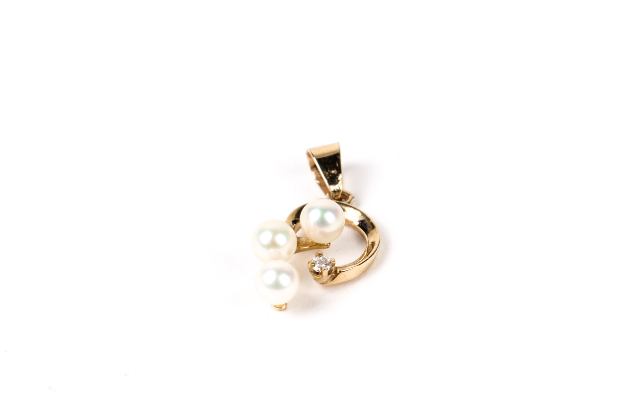14K Yellow Gold, Cultured Pearl, and Diamond Pendant
