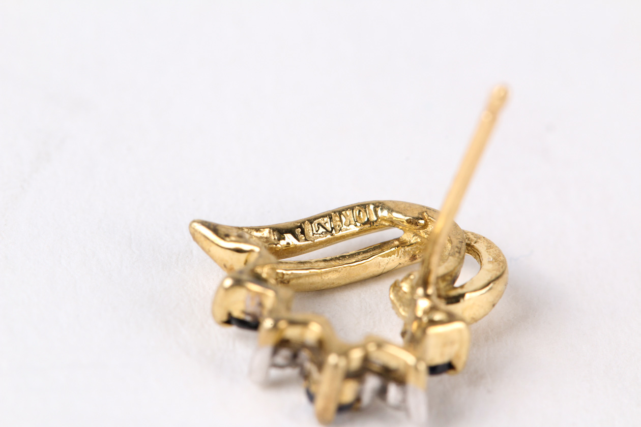 10K Yellow Gold, Sapphire and Diamond Open Heart Stud Earrings