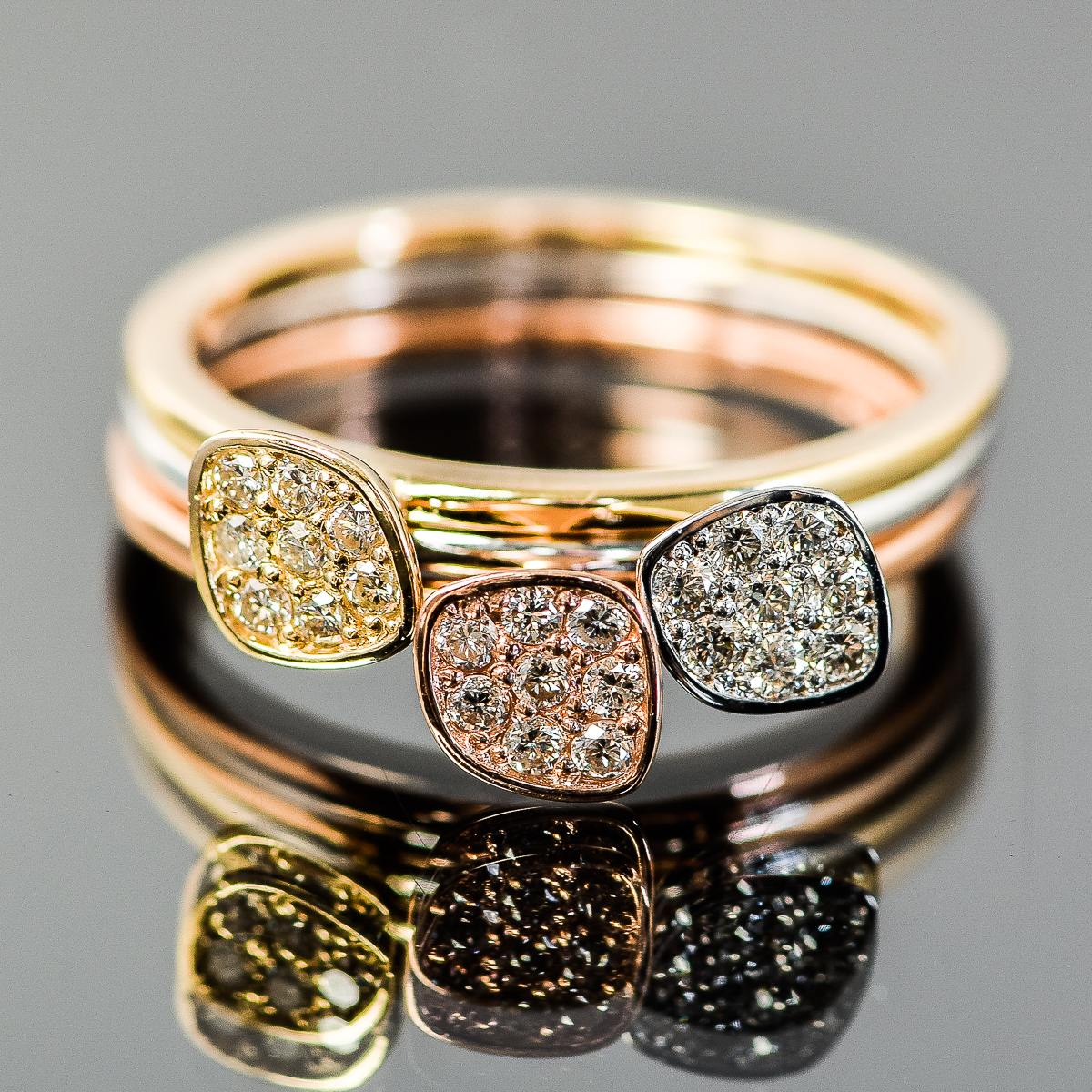 14K Tri-Tone Gold and Diamond Stacking Rings