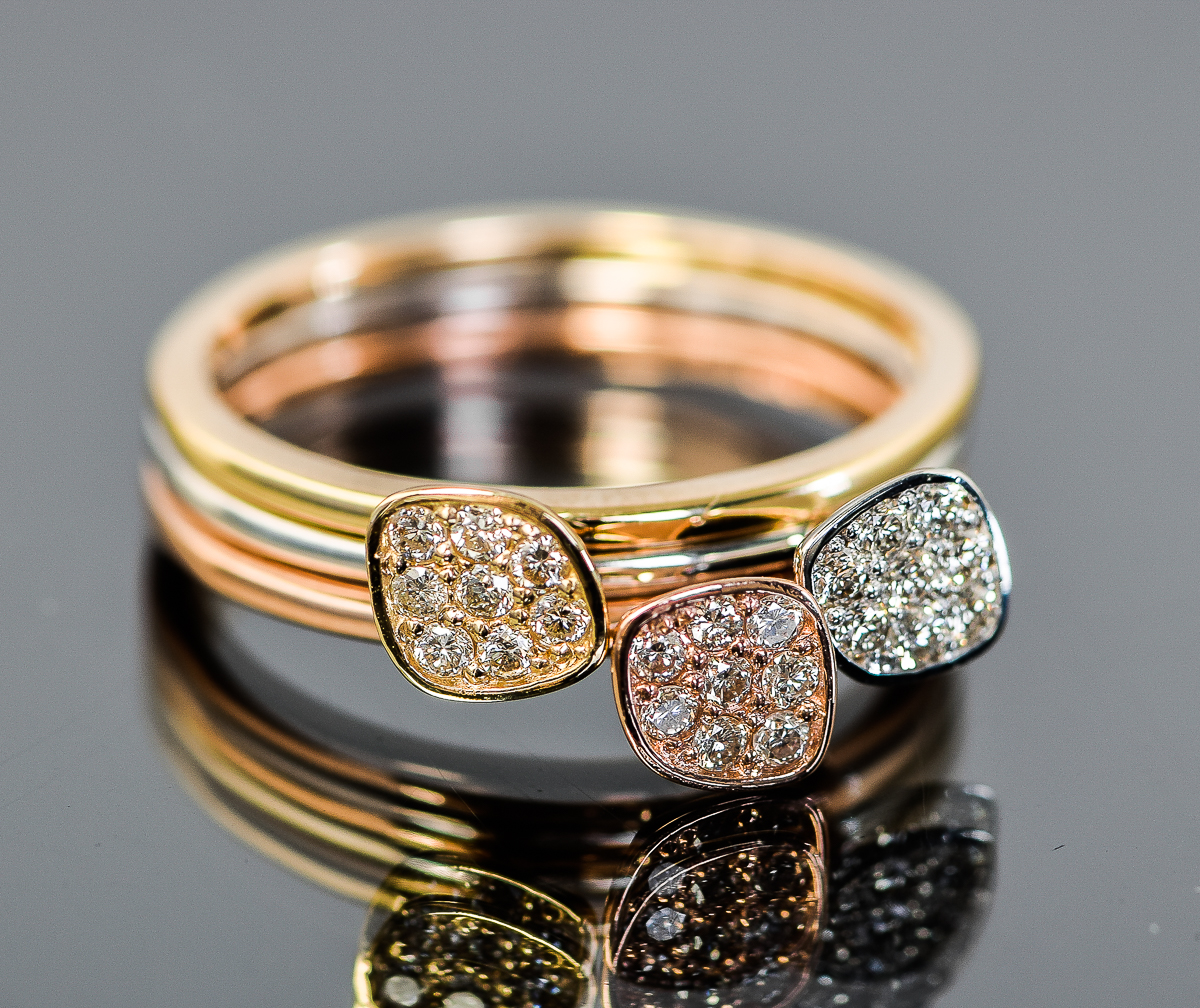14K Tri-Tone Gold and Diamond Stacking Rings