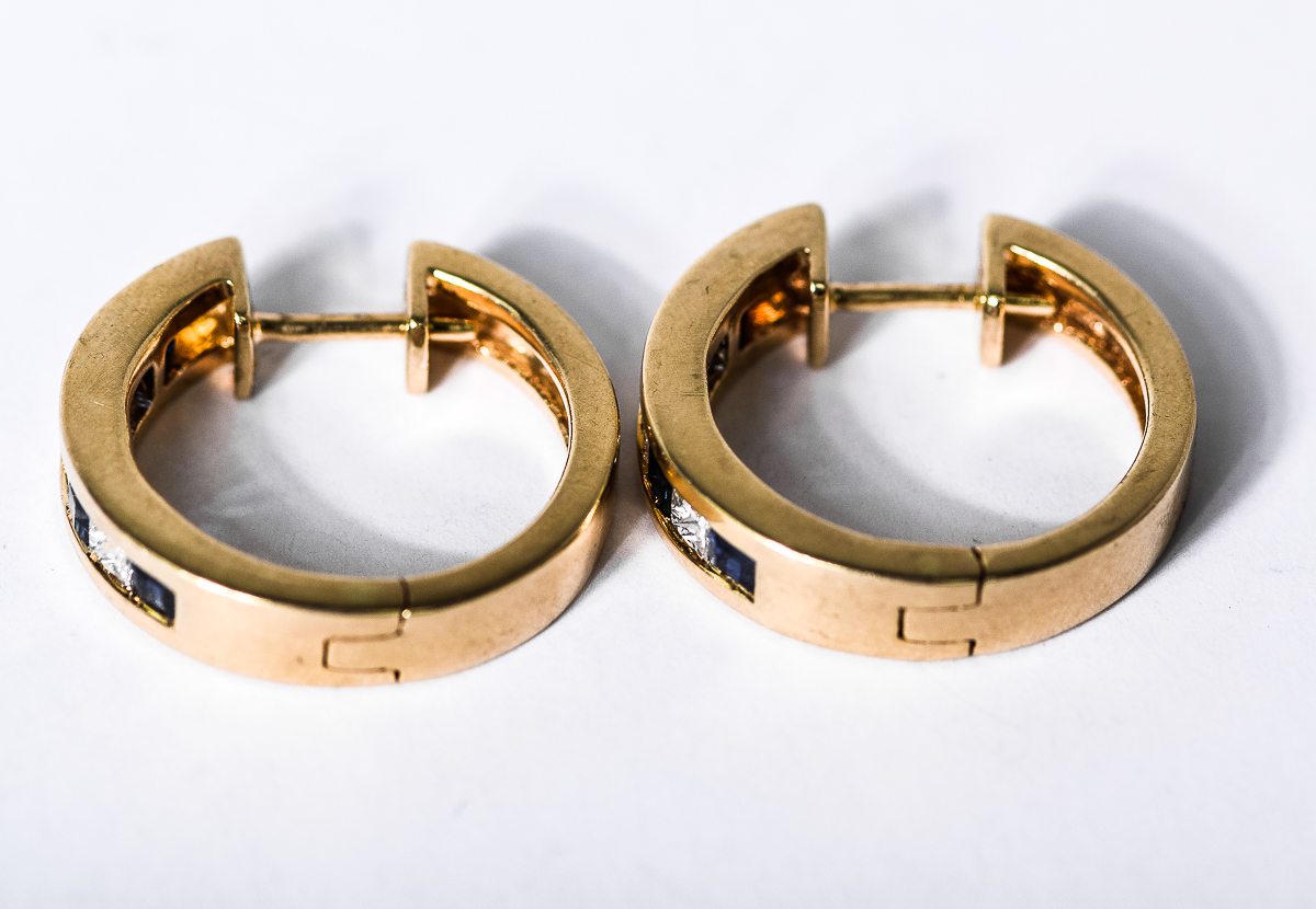 14K Yellow Gold, Sapphire, and Diamond Huggie Earrings