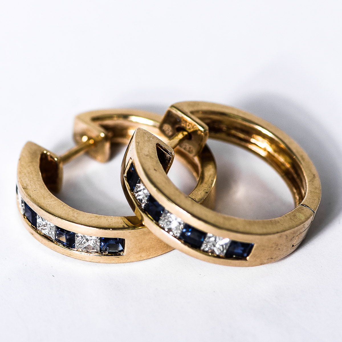 14K Yellow Gold, Sapphire, and Diamond Huggie Earrings
