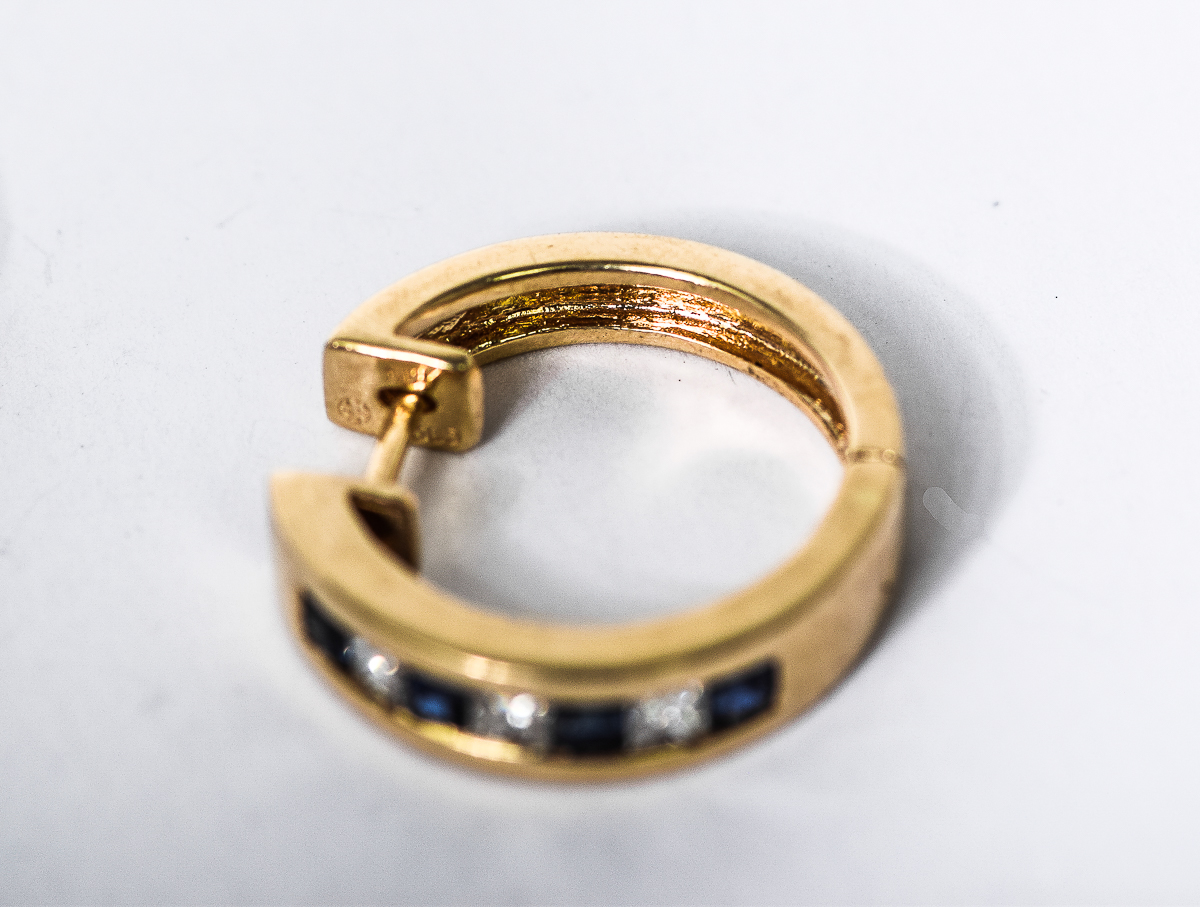 14K Yellow Gold, Sapphire, and Diamond Huggie Earrings