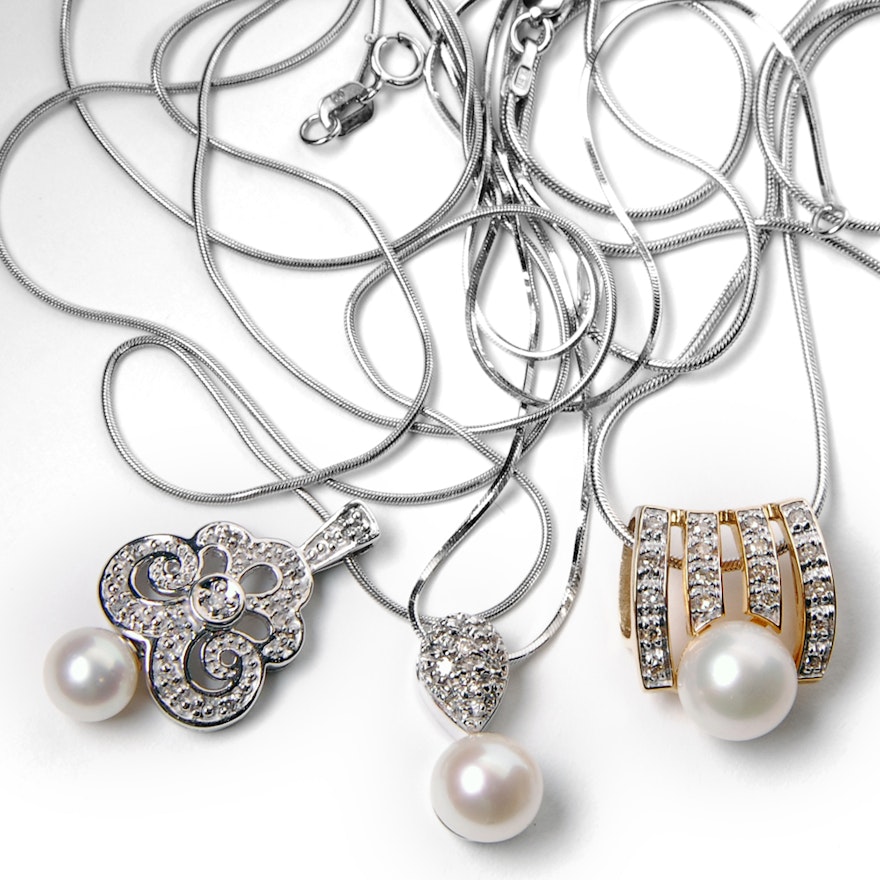 Three 14K White Gold Pearl and Diamond Pendant Necklaces