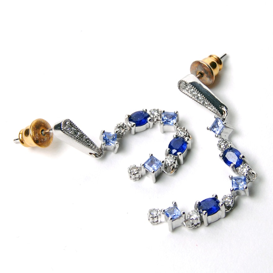 14K White Gold Diamond and Sapphire Earrings