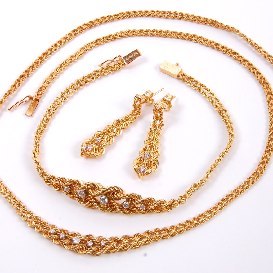 14K Yellow Gold Diamond Earrings, Necklace and Bracelet Set