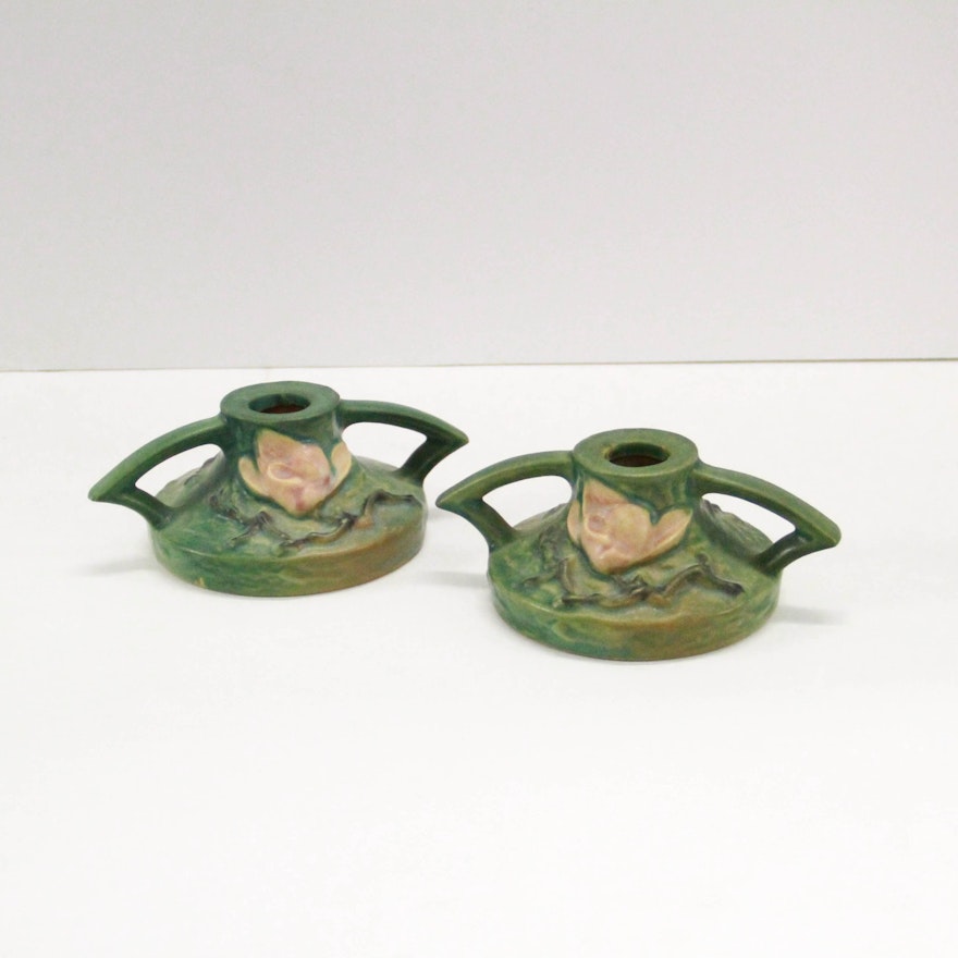 Pair of Roseville Pottery Magnolia Candle Holders