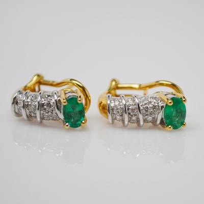 18K Yellow Gold Emerald and Diamond Pierced Earrings