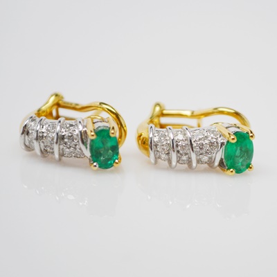 18K Yellow Gold Emerald and Diamond Pierced Earrings