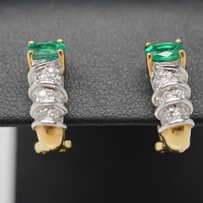 18K Yellow Gold Emerald and Diamond Pierced Earrings
