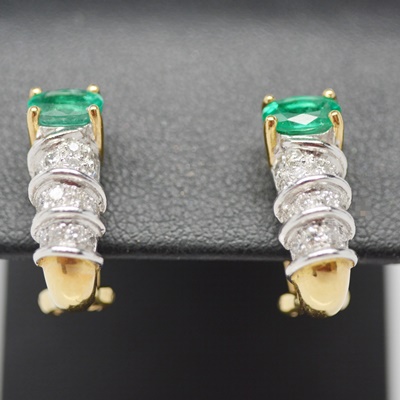 18K Yellow Gold Emerald and Diamond Pierced Earrings