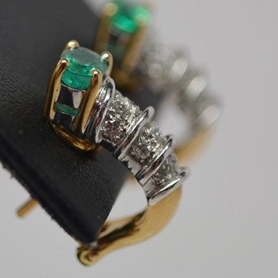 18K Yellow Gold Emerald and Diamond Pierced Earrings