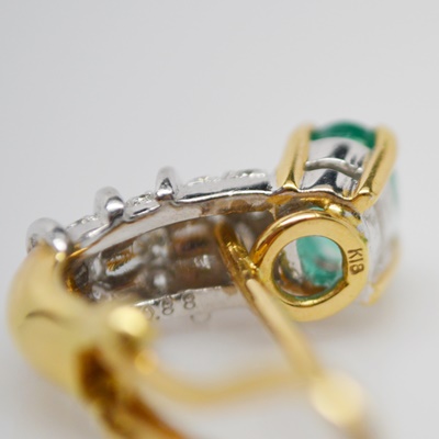 18K Yellow Gold Emerald and Diamond Pierced Earrings