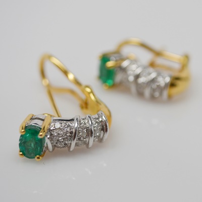 18K Yellow Gold Emerald and Diamond Pierced Earrings