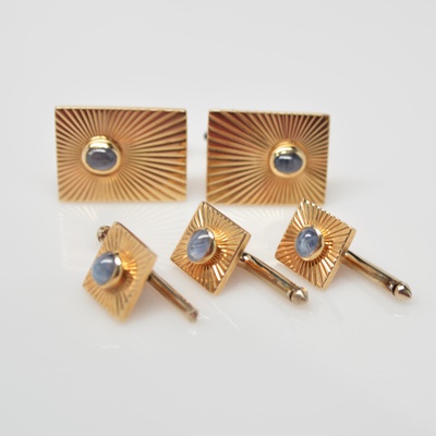 Mid Century Modern 14K Yellow Gold Star Sapphire and Blue Sapphire Tuxedo Set