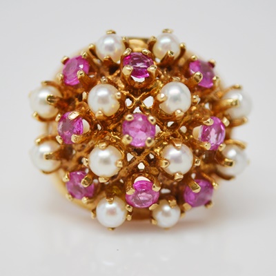 Vintage 14K Rose Gold Natural Ruby and Cultured Pearl Cluster Ring