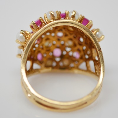 Vintage 14K Rose Gold Natural Ruby and Cultured Pearl Cluster Ring