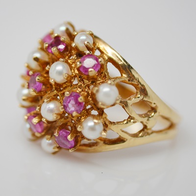 Vintage 14K Rose Gold Natural Ruby and Cultured Pearl Cluster Ring