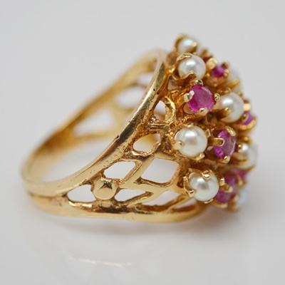 Vintage 14K Rose Gold Natural Ruby and Cultured Pearl Cluster Ring