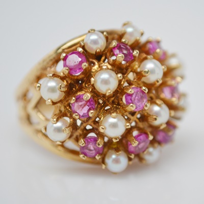 Vintage 14K Rose Gold Natural Ruby and Cultured Pearl Cluster Ring