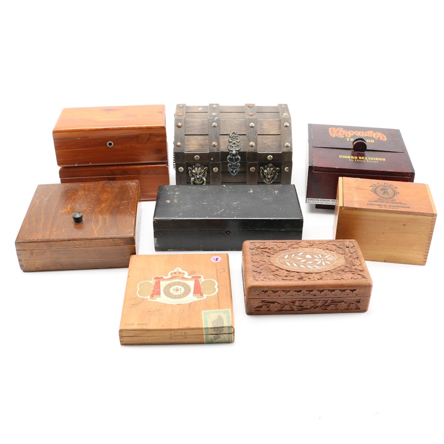 Nine Wooden Boxes Including Cigar Boxes