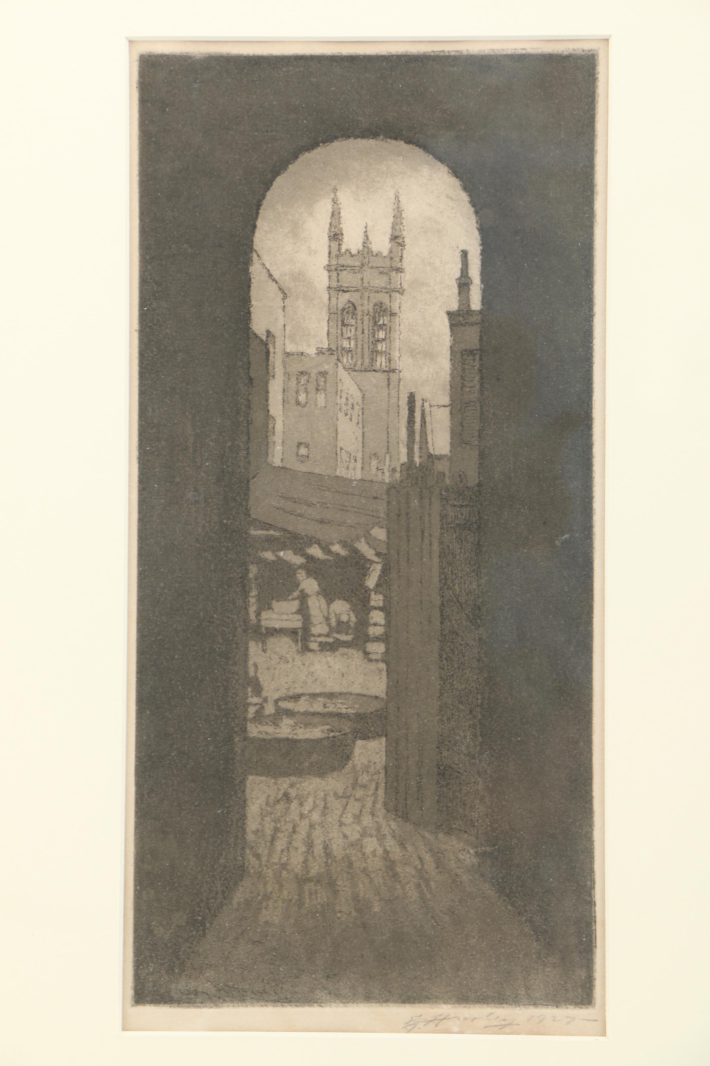 Edward T. Hurley Aquatint "Christ Church Tower from a 5th Story Doorway"
