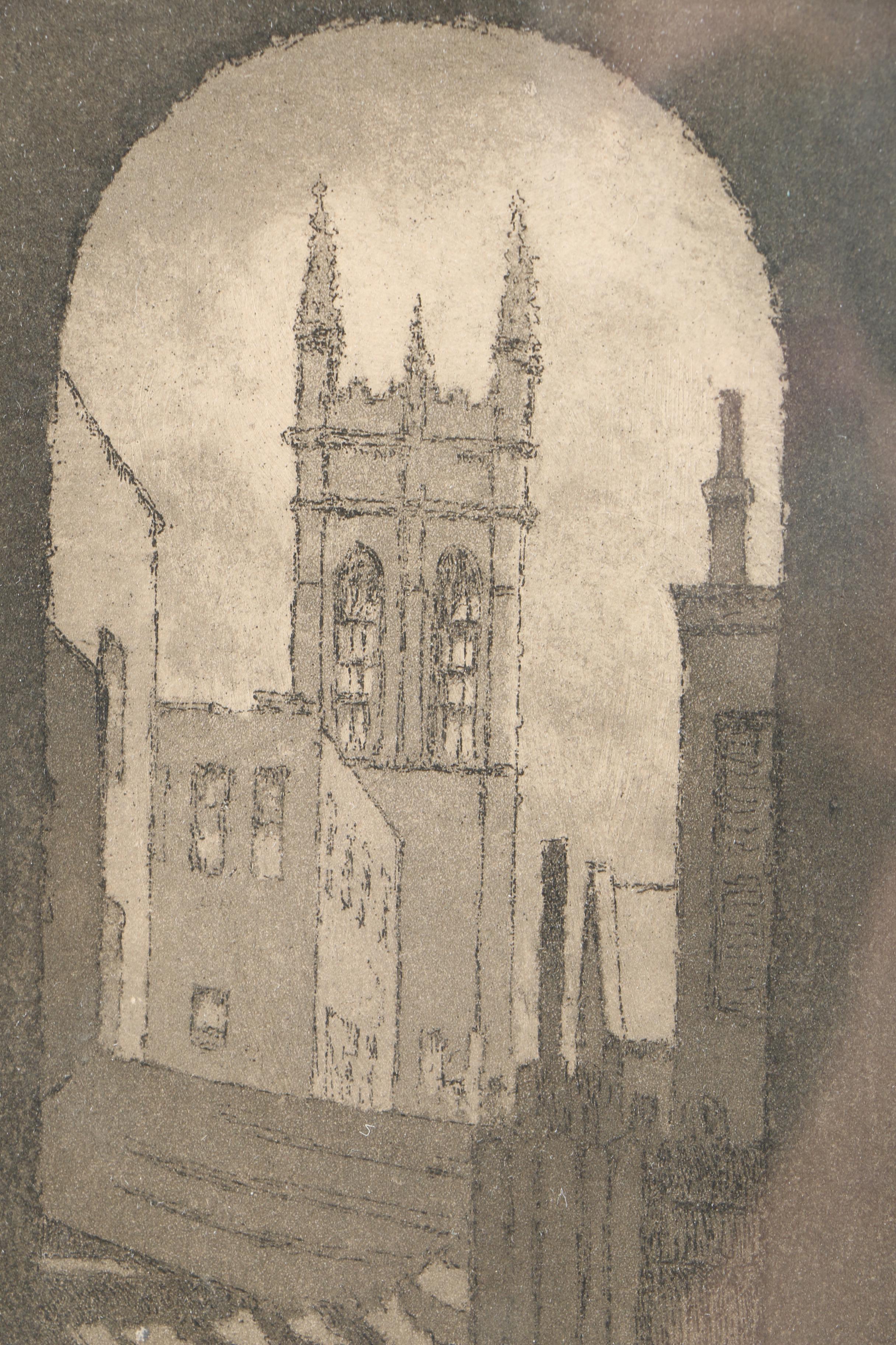 Edward T. Hurley Aquatint "Christ Church Tower from a 5th Story Doorway"