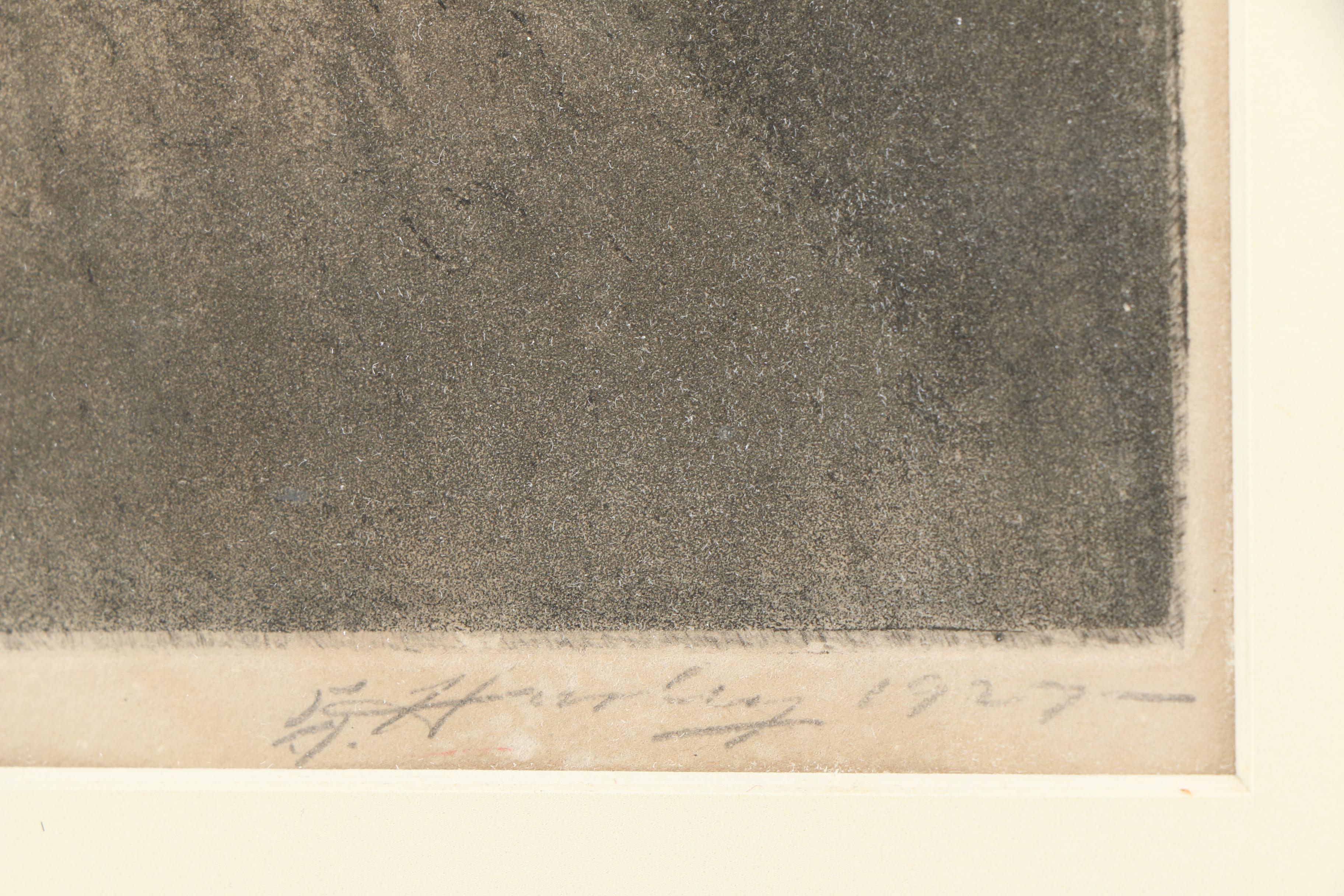 Edward T. Hurley Aquatint "Christ Church Tower from a 5th Story Doorway"