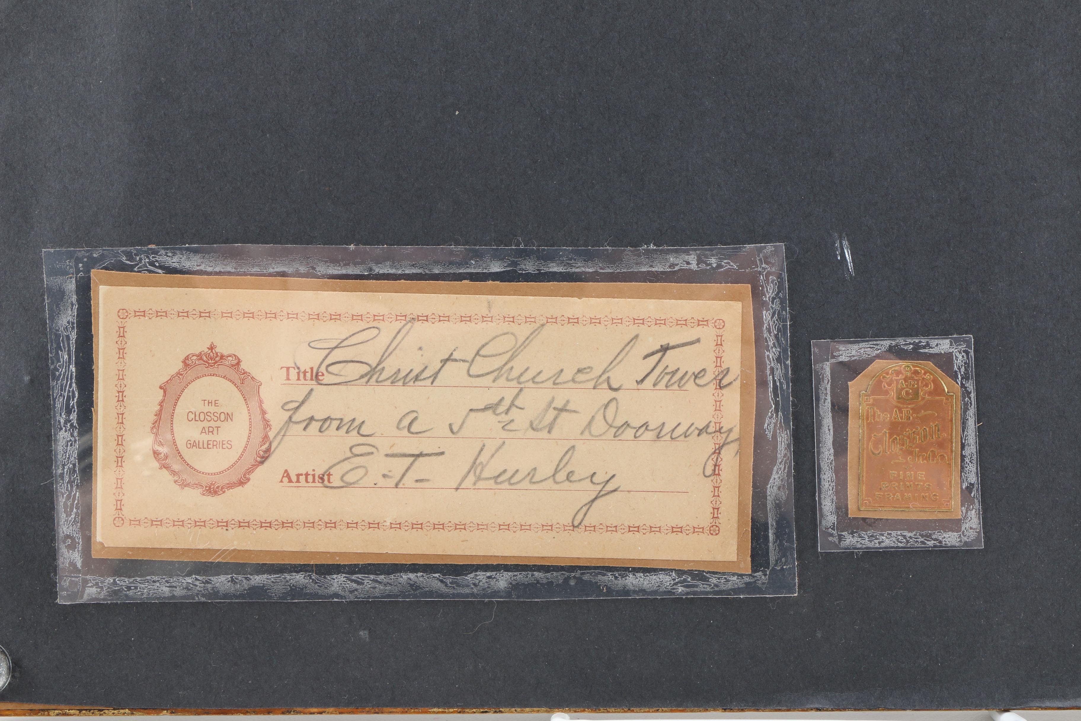 Edward T. Hurley Aquatint "Christ Church Tower from a 5th Story Doorway"