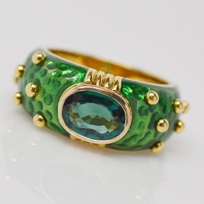 18K Yellow Gold Natural Blue Green Tourmaline and Enamel Ring