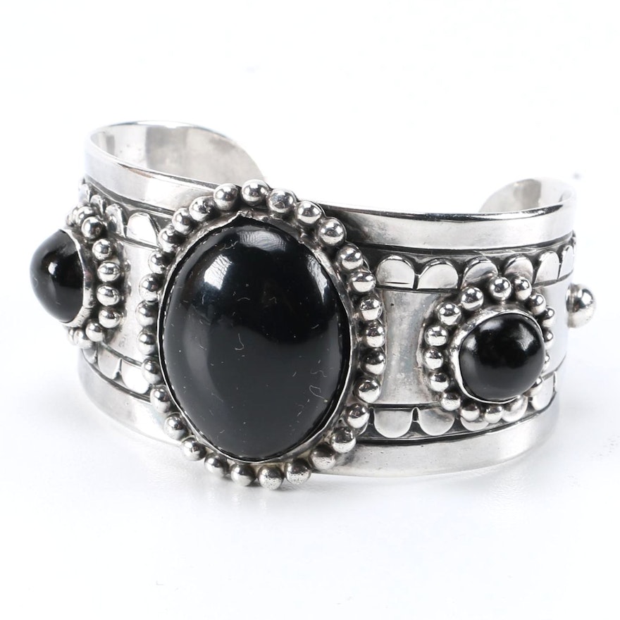 Silver Tone Obsidian Cuff Bracelet