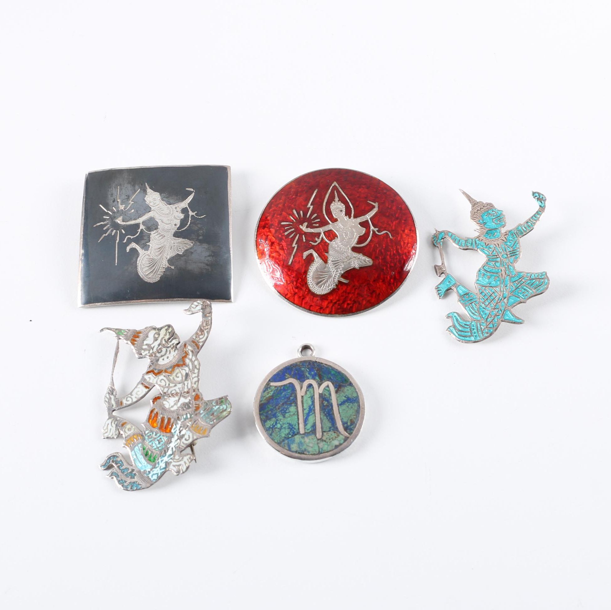 Sterling Silver Brooches and Pendant With Enamel and Azure Malachite