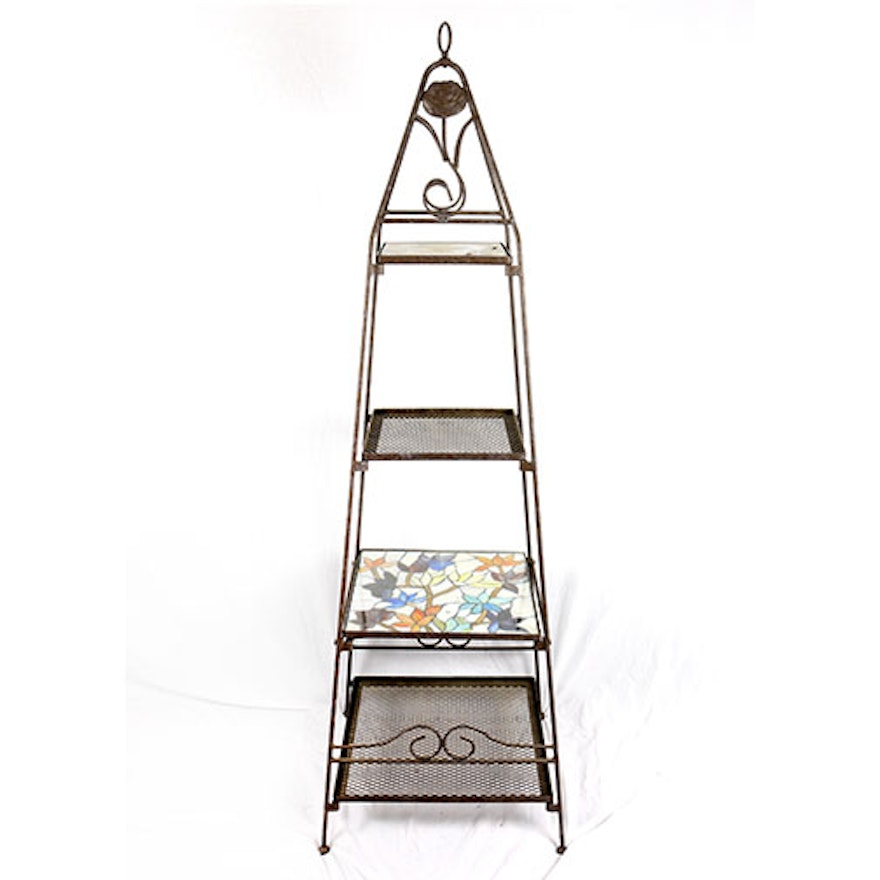 Metal Etagere With Stained Glass Shelves