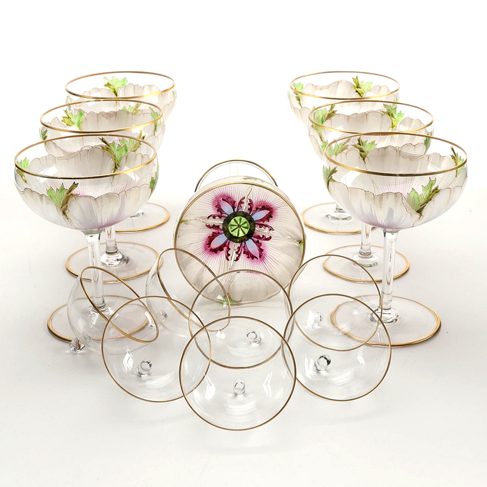 Antique Hand-Painted Shrimp Cocktail Glass Set