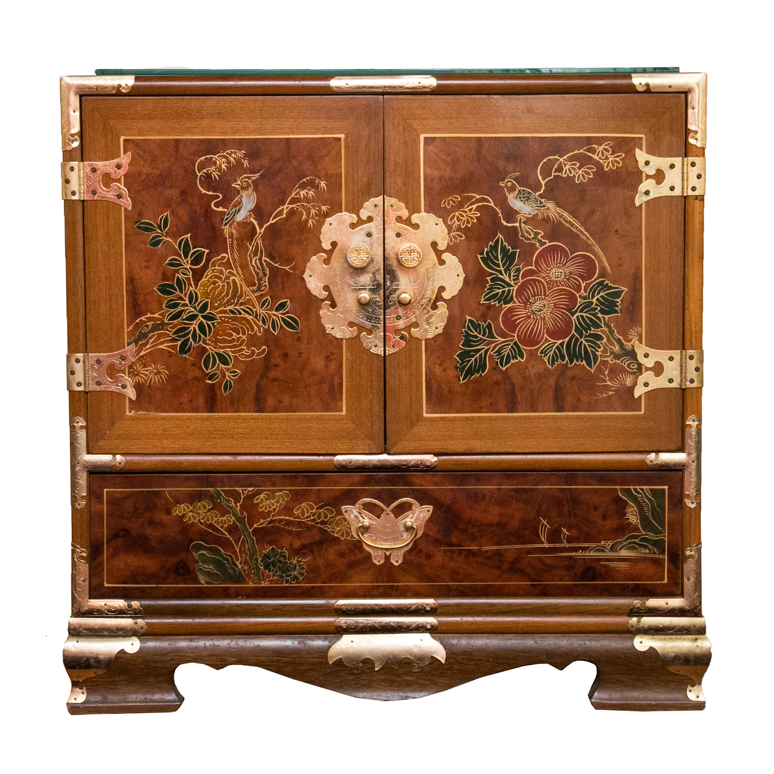 Chinoiserie Hand-Painted Burled Walnut Cabinet