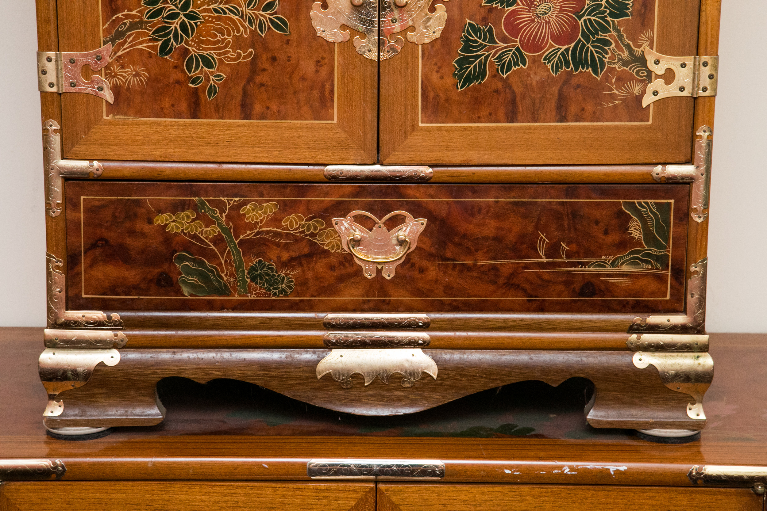 Chinoiserie Hand-Painted Burled Walnut Cabinet