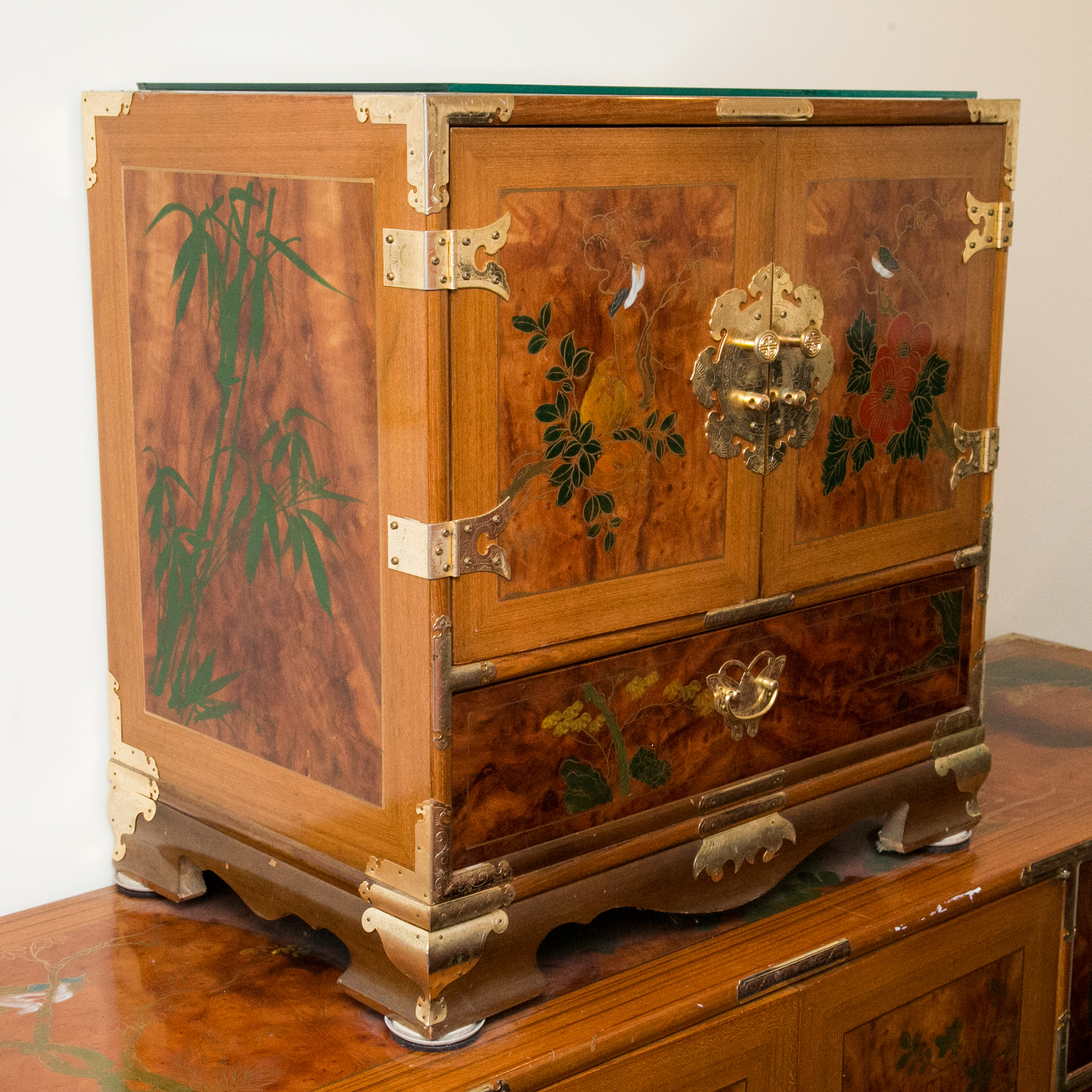 Chinoiserie Hand-Painted Burled Walnut Cabinet