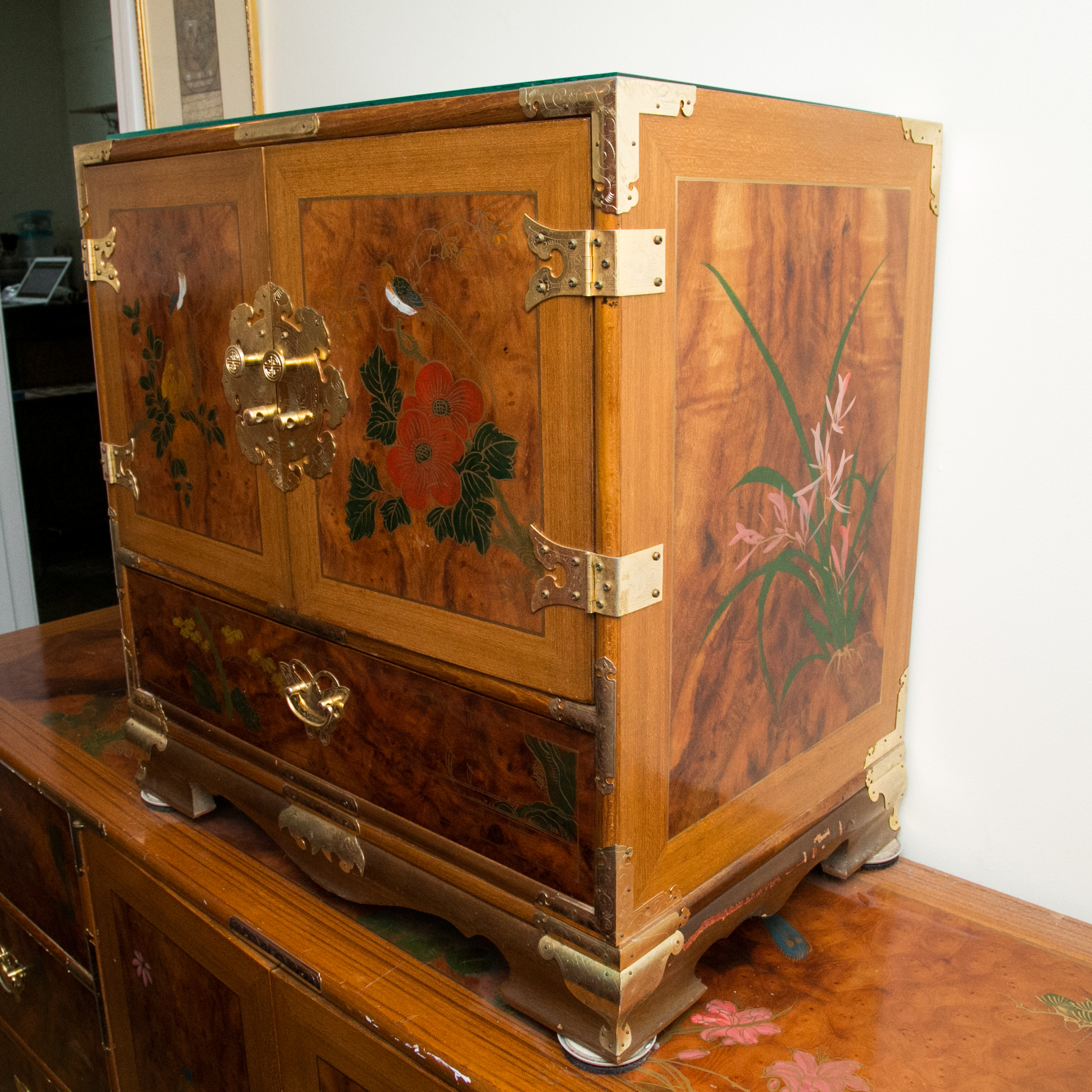 Chinoiserie Hand-Painted Burled Walnut Cabinet