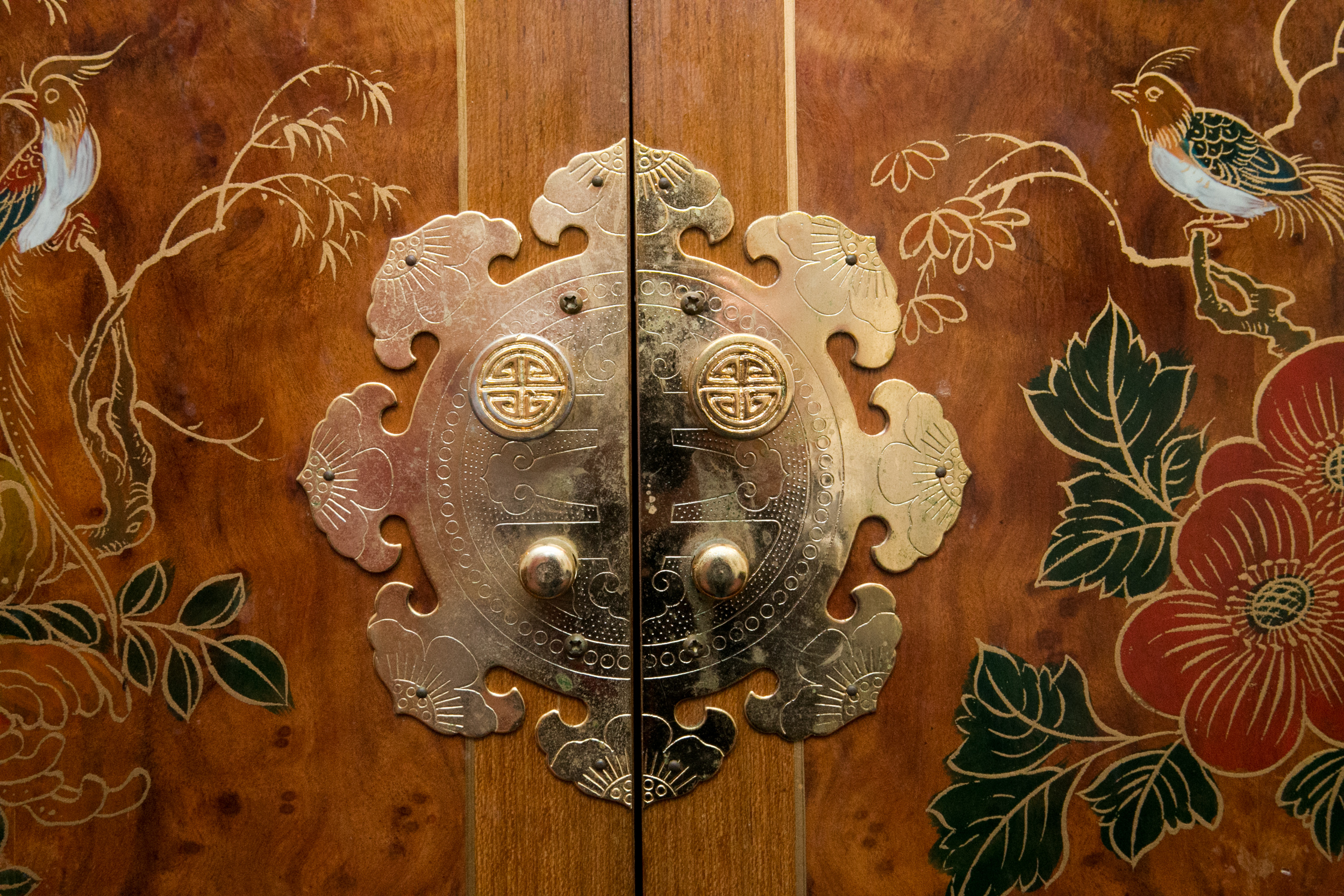 Chinoiserie Hand-Painted Burled Walnut Cabinet