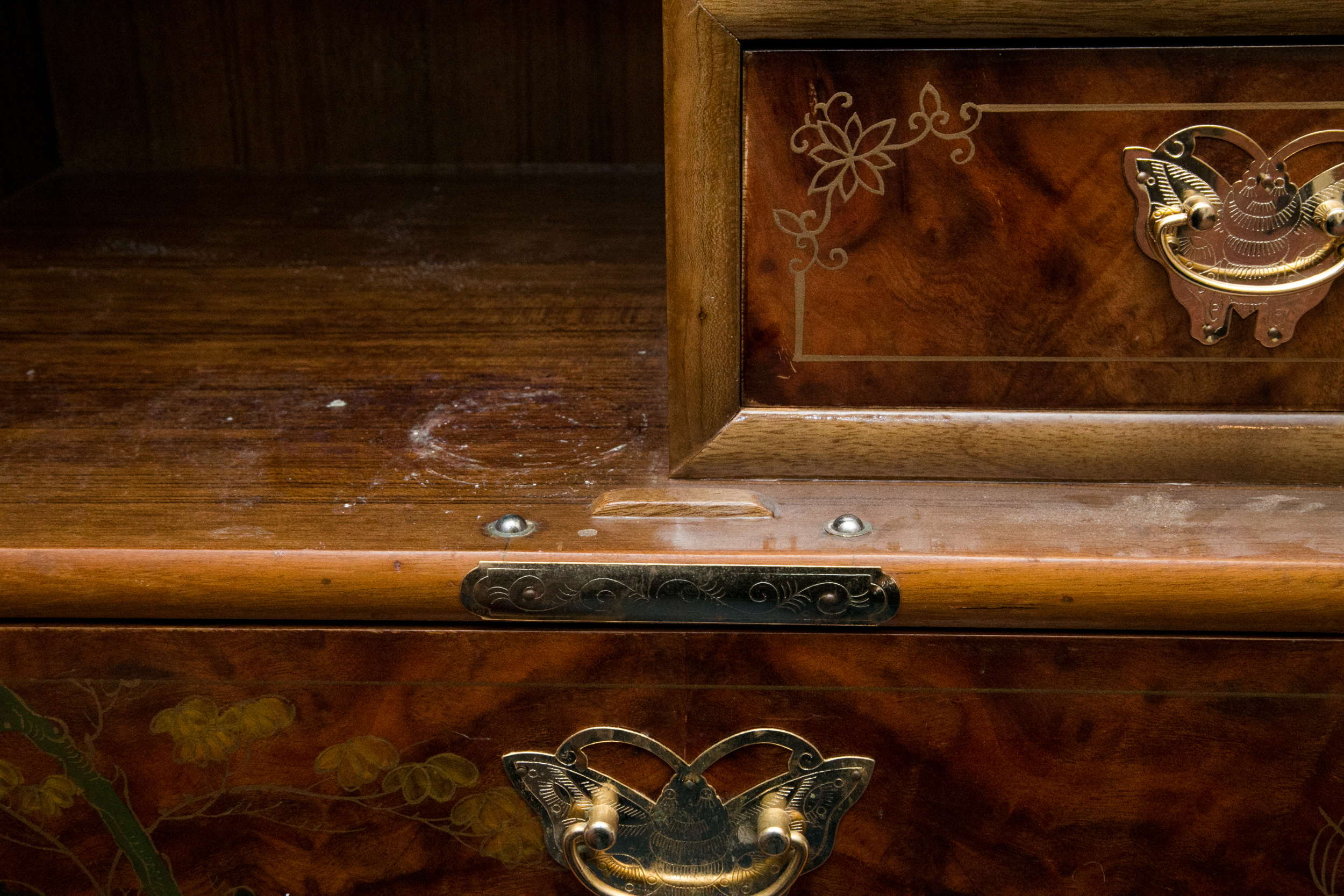 Chinoiserie Hand-Painted Burled Walnut Cabinet