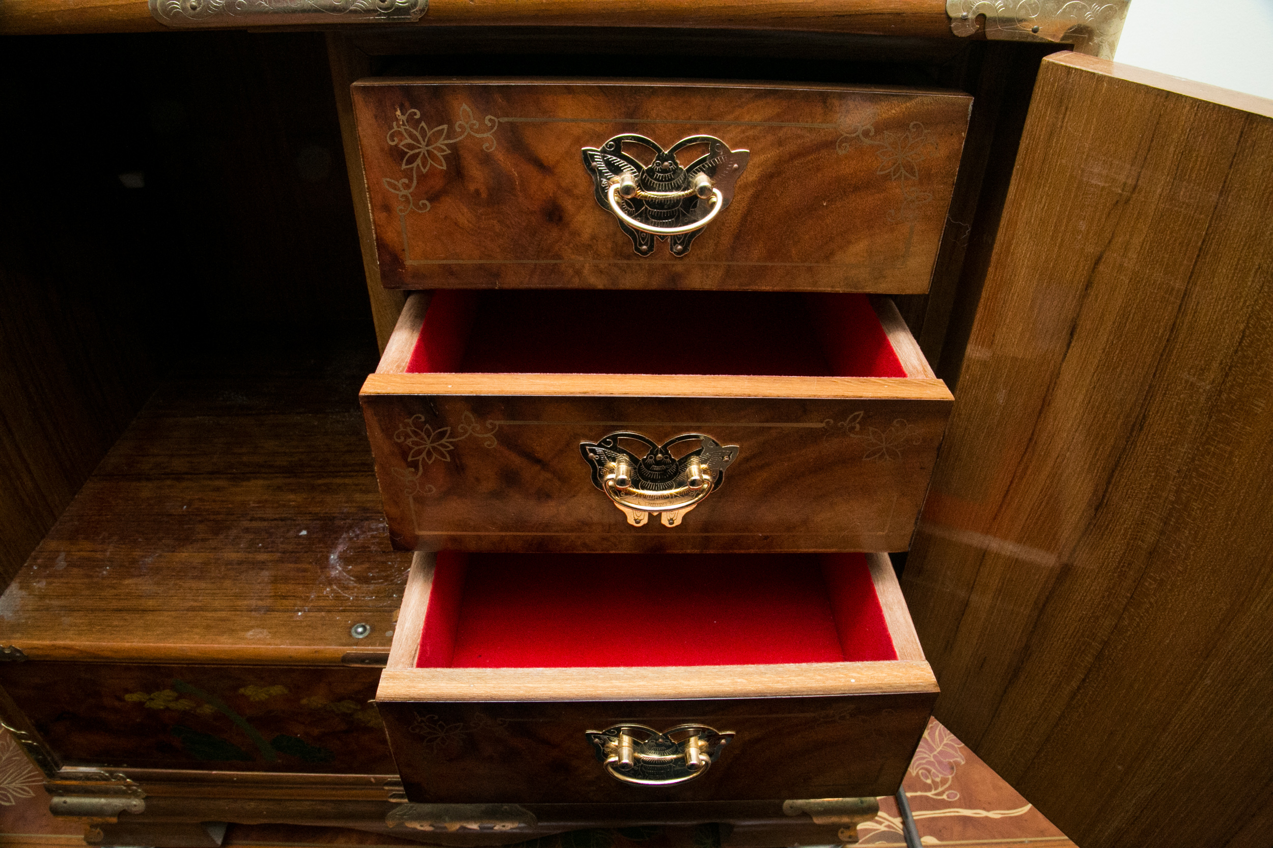 Chinoiserie Hand-Painted Burled Walnut Cabinet
