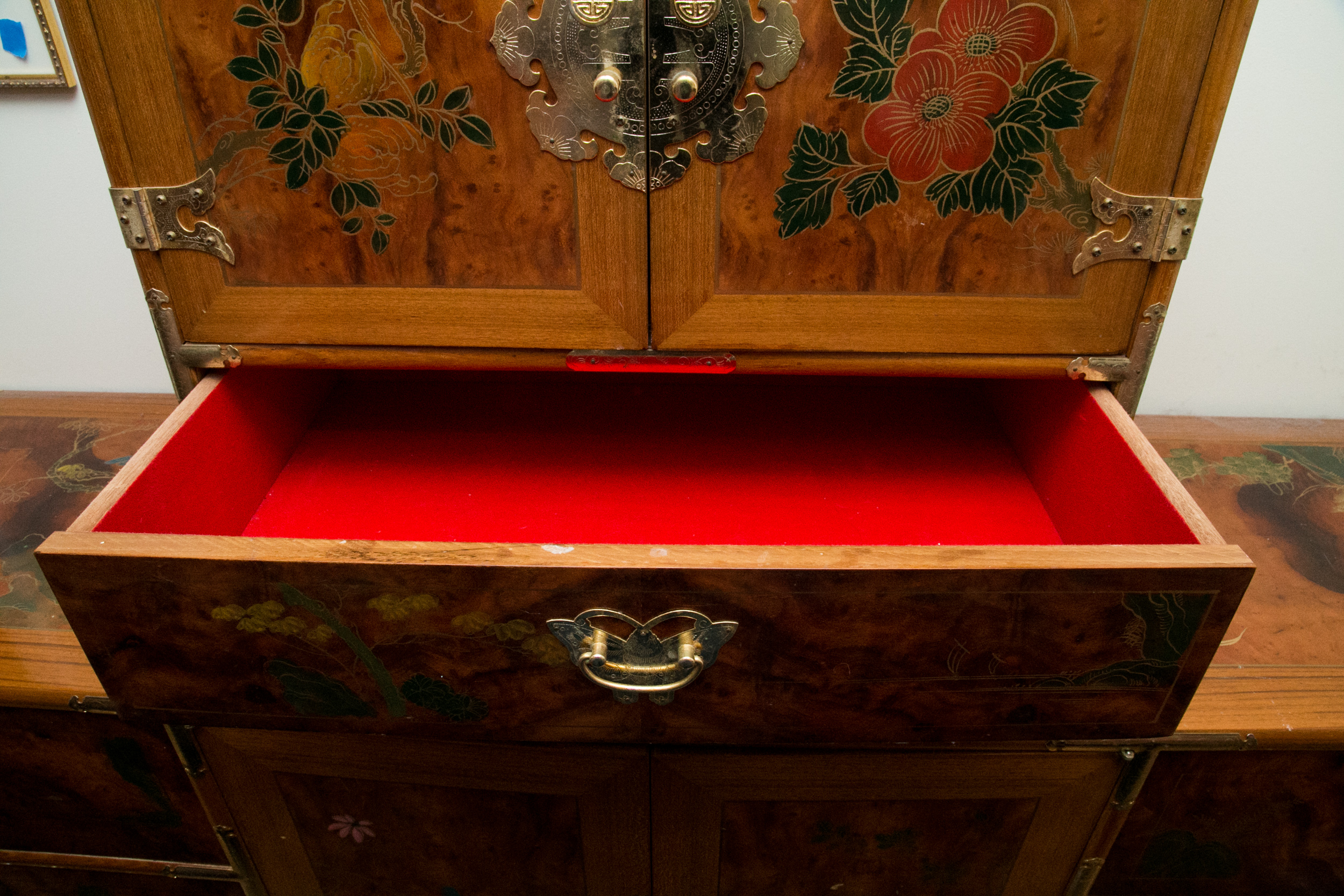 Chinoiserie Hand-Painted Burled Walnut Cabinet