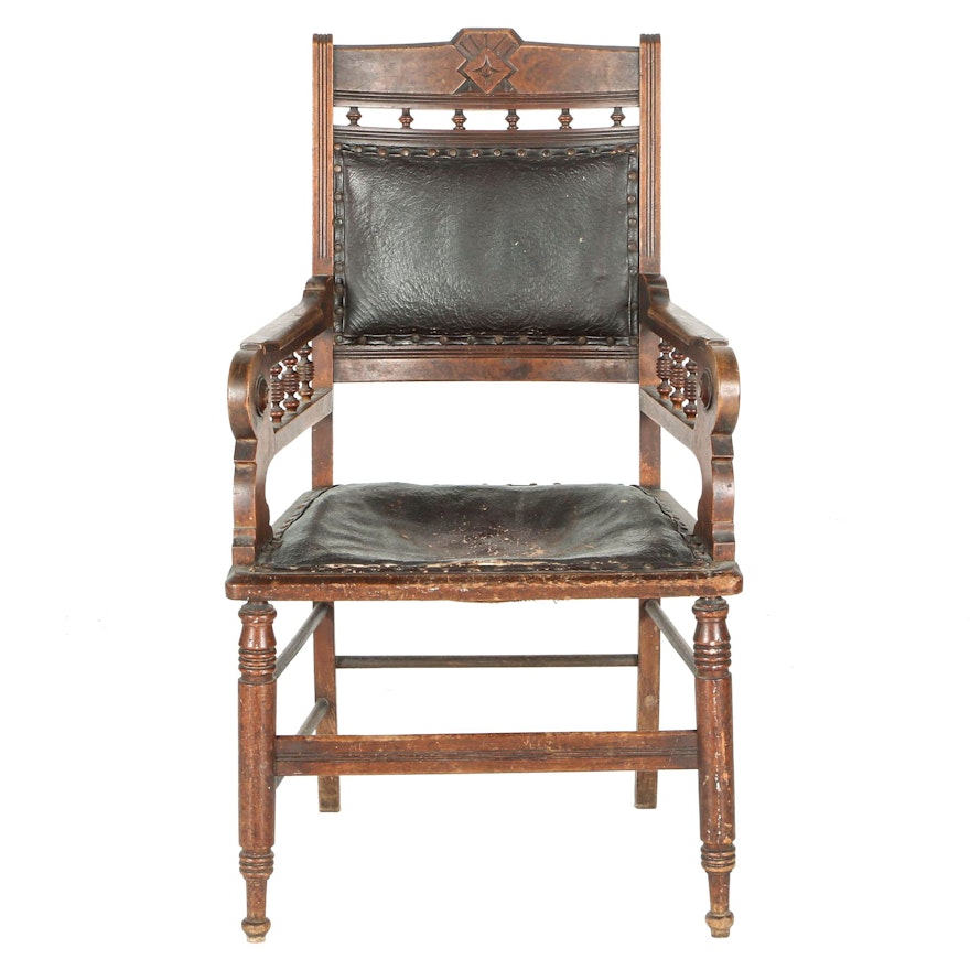 Late 19th Century Eastlake Walnut and Leather Armchair