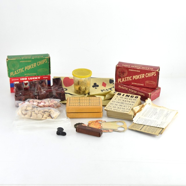 Vintage Poker Chips, Cribbage Board and Other Table Game Materials