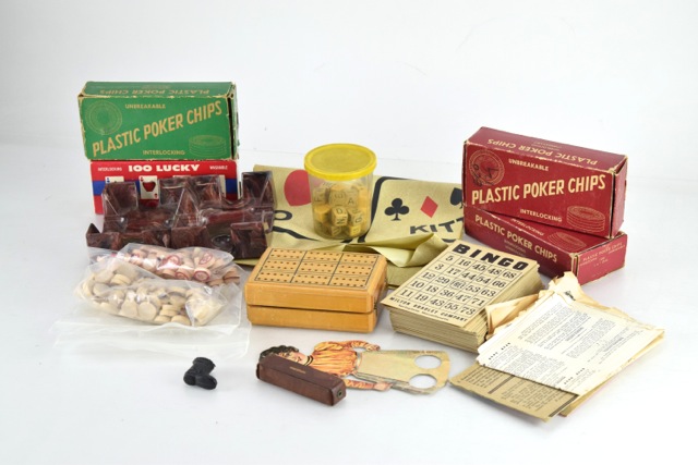 Vintage Poker Chips, Cribbage Board and Other Table Game Materials