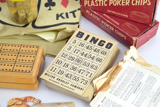 Vintage Poker Chips, Cribbage Board and Other Table Game Materials