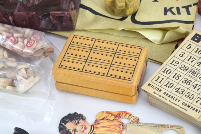 Vintage Poker Chips, Cribbage Board and Other Table Game Materials